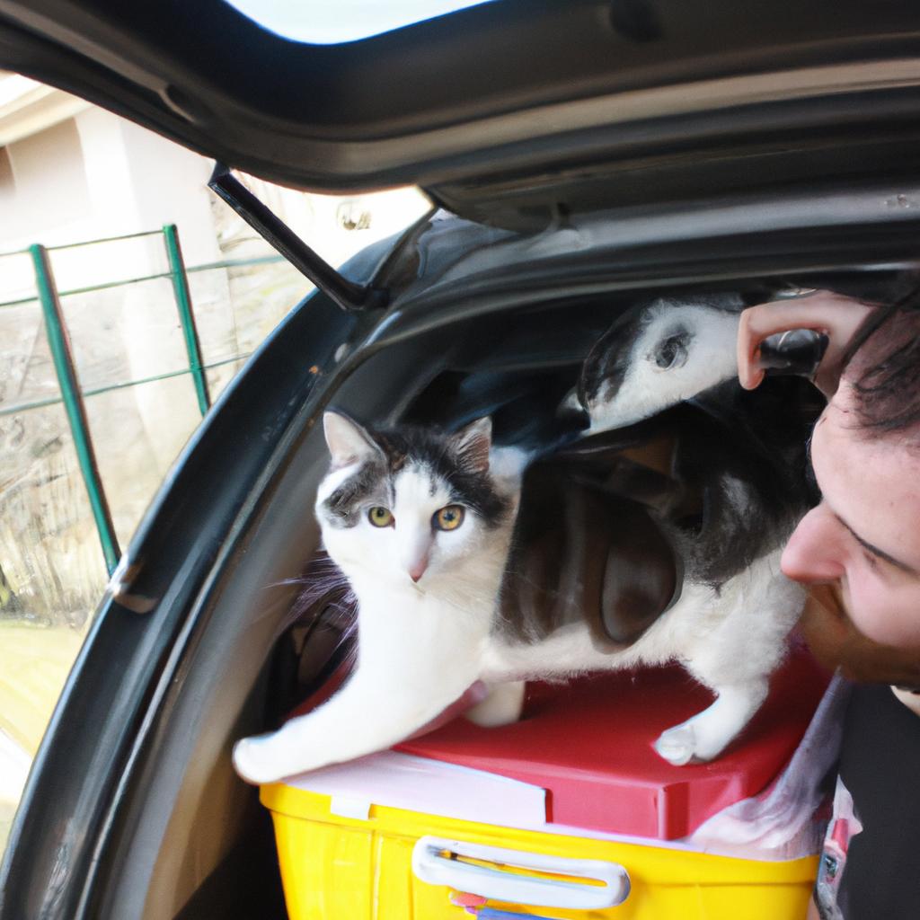 Person helping cats in transportation